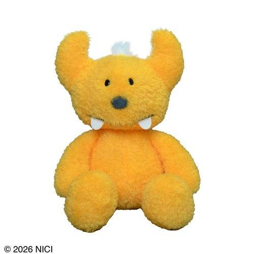 Front view of the orange Monster 2026 NICI plush toy showing horns, a white tuft, black facial features, and two small fangs.