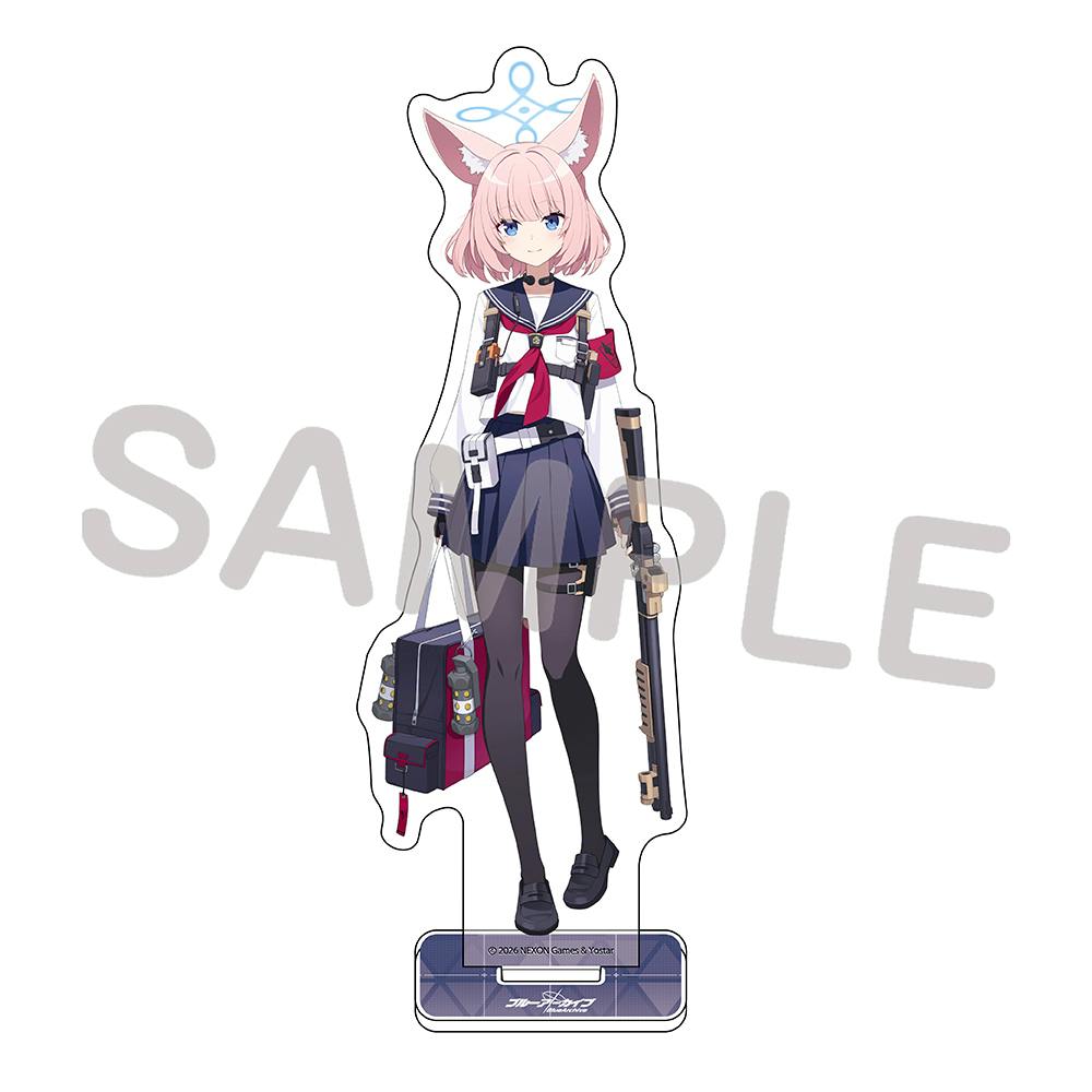 A full-body acrylic stand of Nico showing an anime-style girl in a sailor school uniform holding a bag and a long firearm, mounted on a rectangular base.