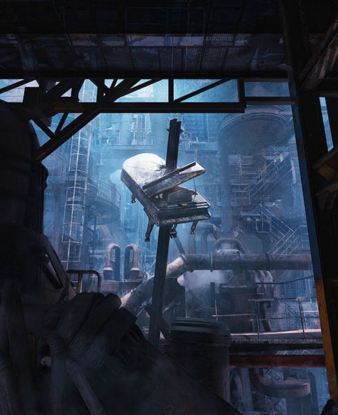 Blu-ray cover artwork showing a grand piano suspended above pipes inside an industrial factory setting.