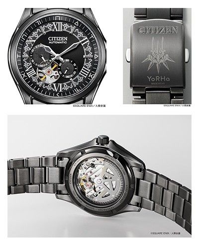 Composite image showing the Citizen automatic wristwatch: close-up of black patterned dial, engraved bracelet clasp, and exhibition caseback.