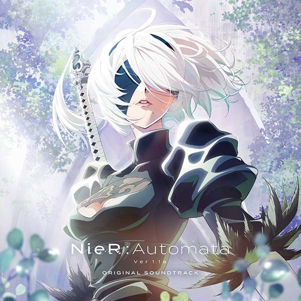 Cover art for the NieR:Automata Ver1.1a Original Soundtrack showing a white‑haired, blindfolded figure in a black outfit holding a sword against a soft floral background.