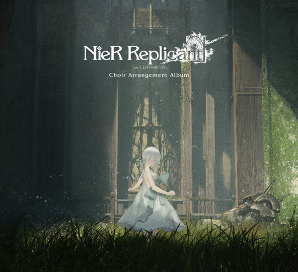 Cover art for the NieR Replicant ver.1.22474487139... Choir Arrangement Album showing a small figure in a light dress standing on grass before tall doors with the album title at the top.