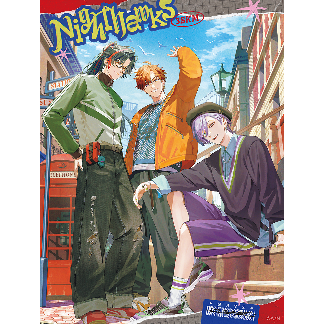 Cover art for the Nighthawks CD showing three illustrated young men posing on a city street under the "Nighthawks" logo.