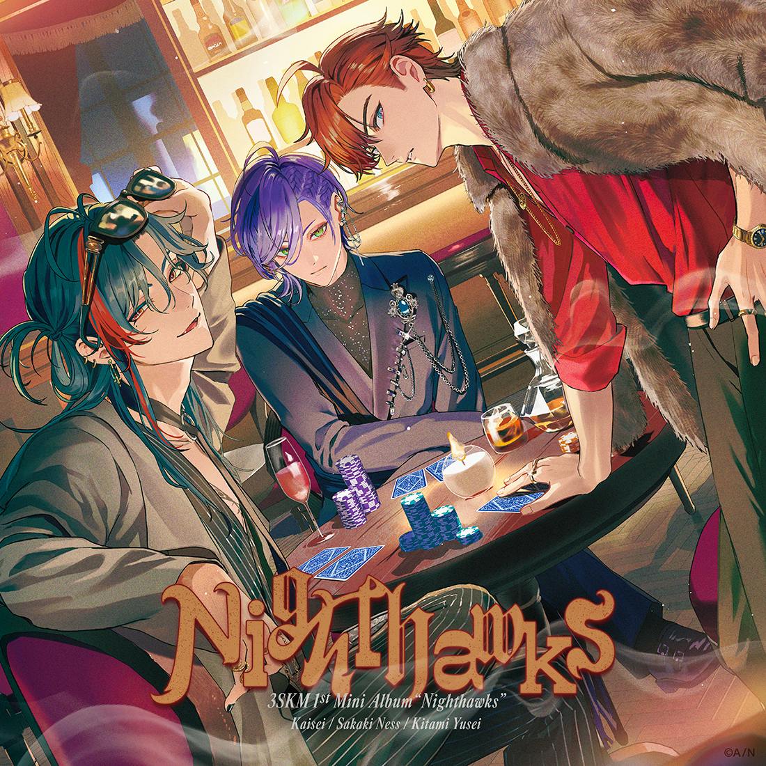 Illustrated CD cover art showing three stylized characters at a table with playing cards, chips and drinks and the title “Nighthawks.”