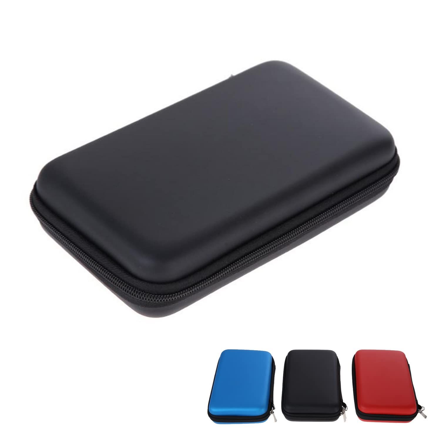 Closed black zippered hard-shell storage case for Nintendo 3DS systems, shown with small color variants.