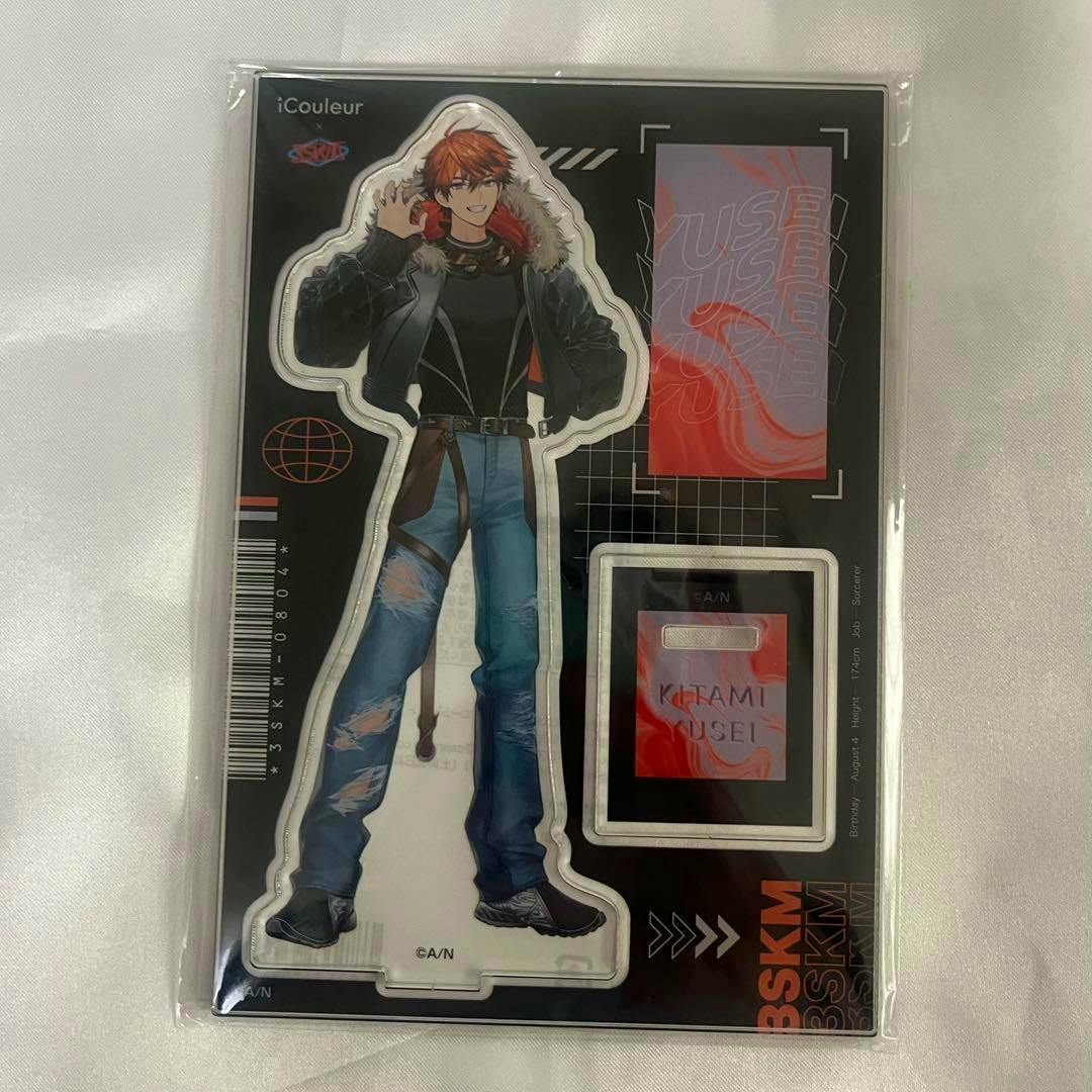 Packaged iCouleur acrylic stand of Kitami Yusei showing the full character figure and its base on a black backing card.