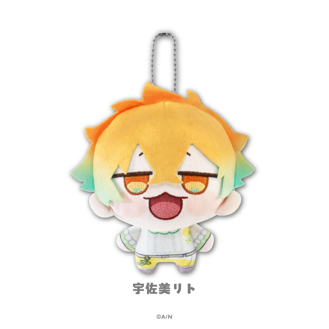 Front view of the 星導ショウ plush keychain from the Nijisanji 8th collection showing the chibi plush with orange-to-green hair, embroidered face, and a metal ball chain.