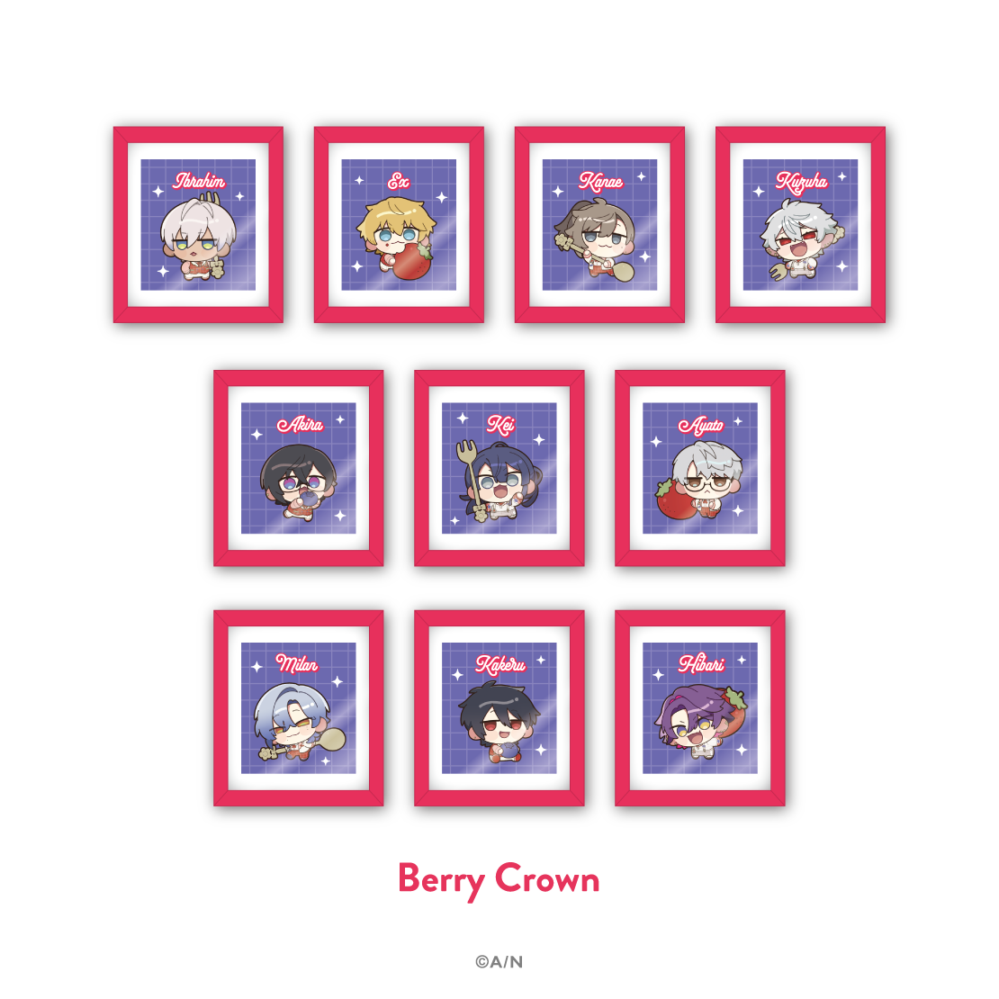 Nine square framed chibi character fridge magnet designs from the Berry Crown set arranged in a 3x3 grid.