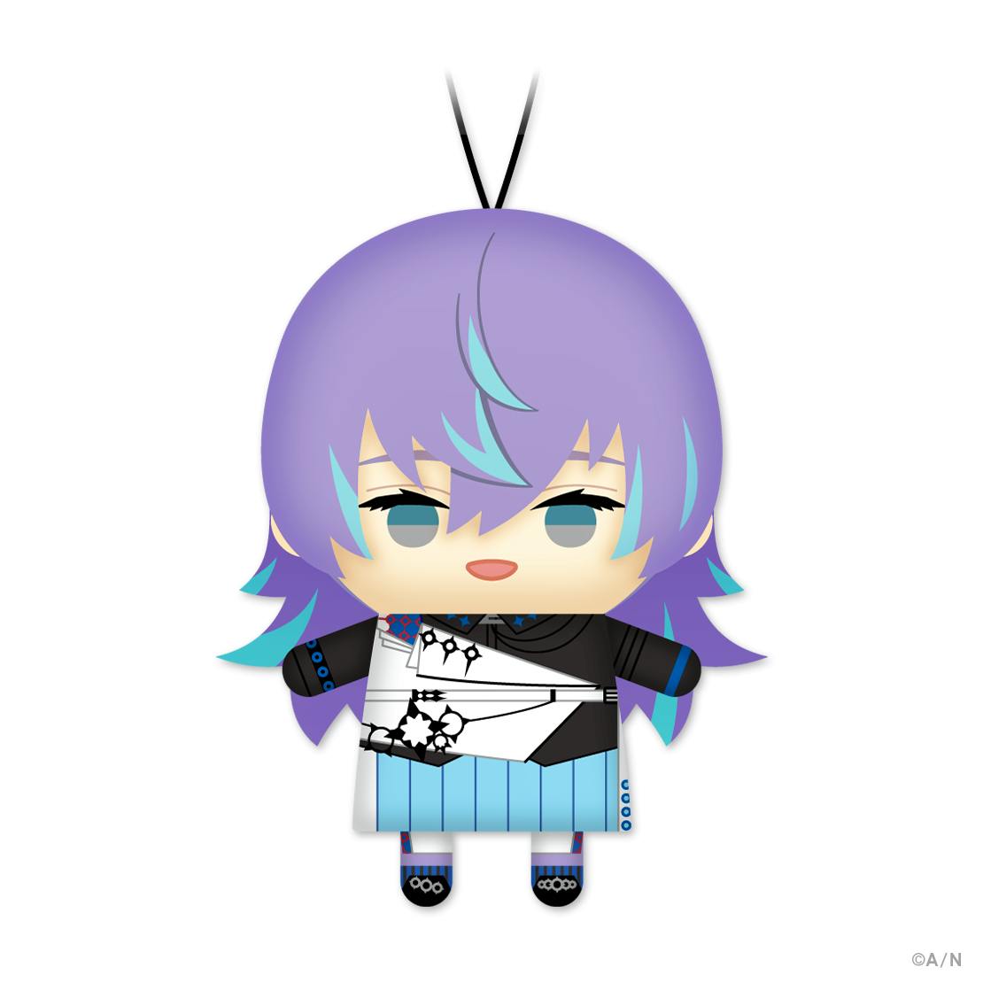 Close-up front view of the plush keychain showing the purple-and-teal haired character wearing a patterned outfit and a black hanging cord.
