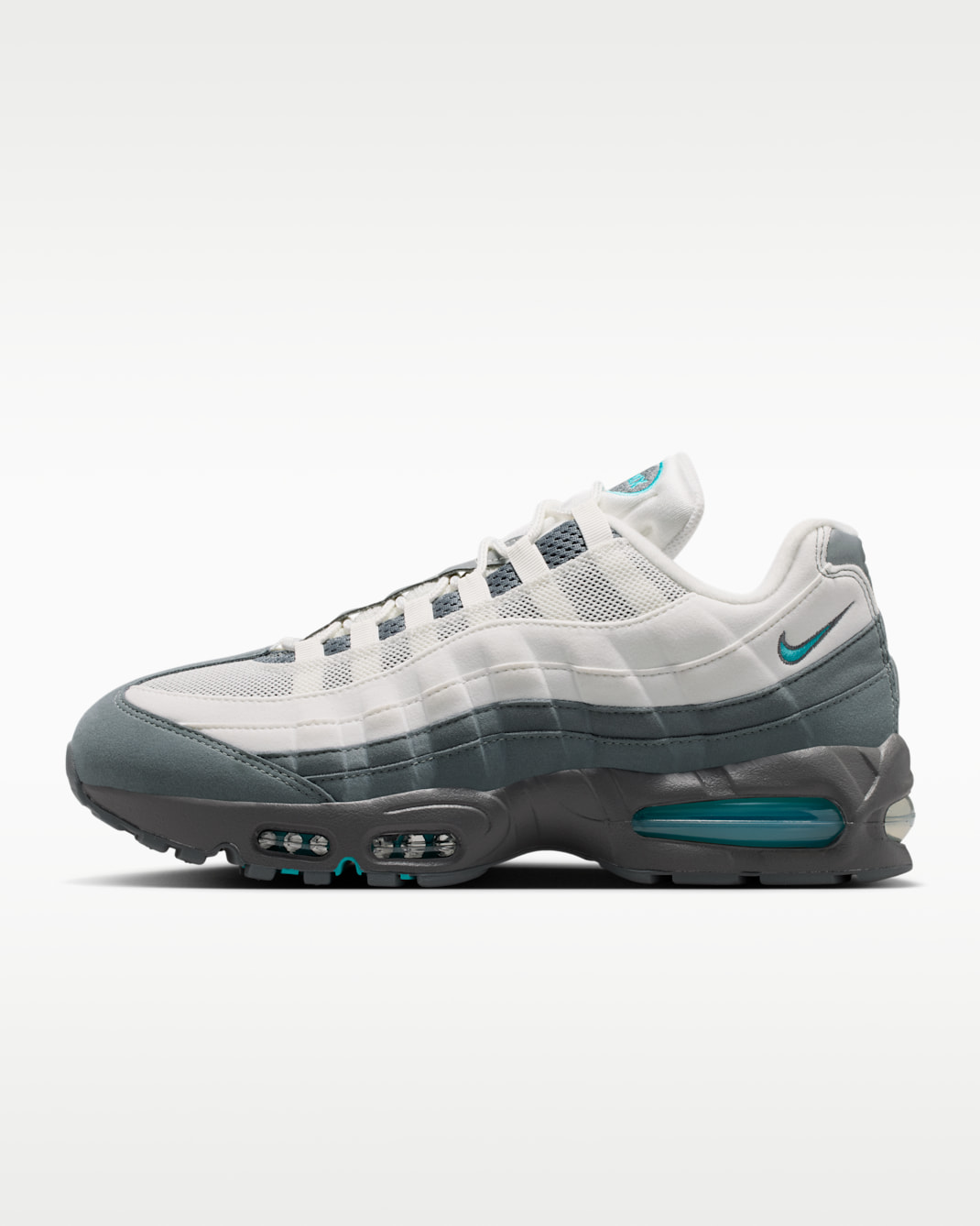 Side view of a Nike Air Max 95 Big Bubble OG shoe in white and gray with teal accents.