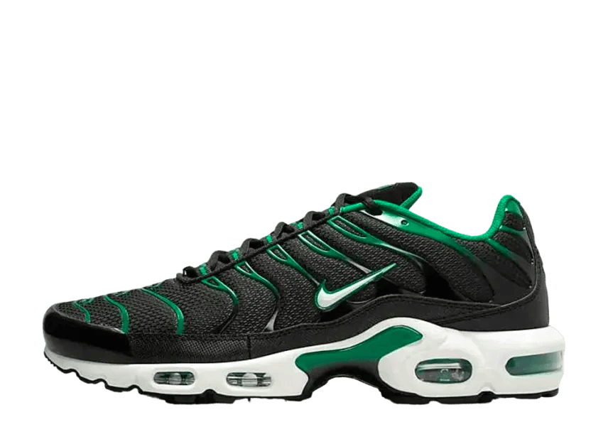 Side view of a Nike Air Max Plus sneaker in black with malachite green accents, white midsole, visible Air units, and a Nike Swoosh.