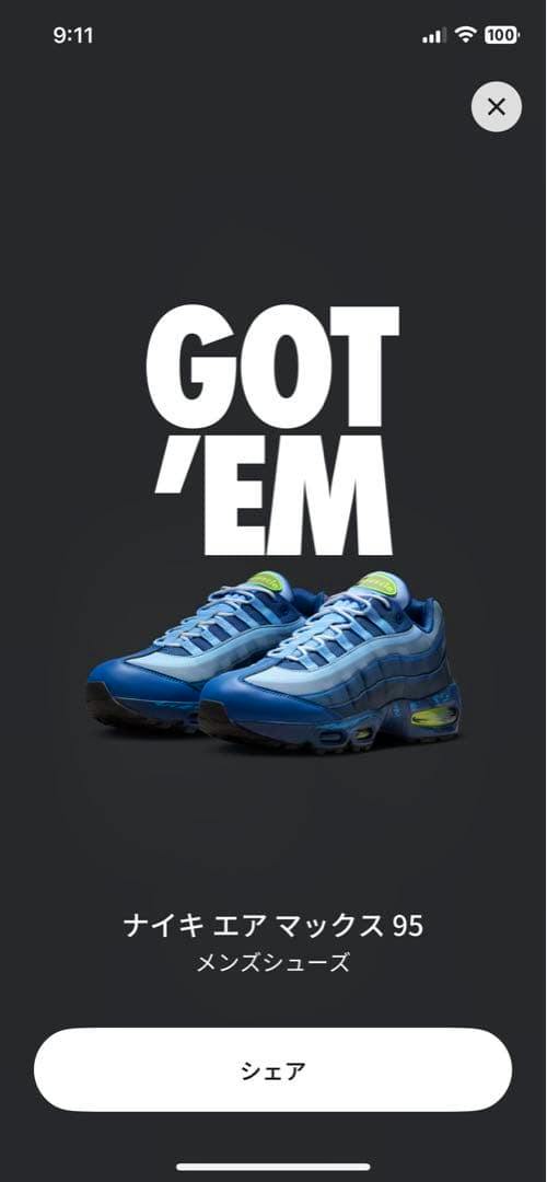 Blue NIKE AIR MUSCLE 95 shoes centered on a dark background with large “GOT ’EM” text above and Japanese product text below.