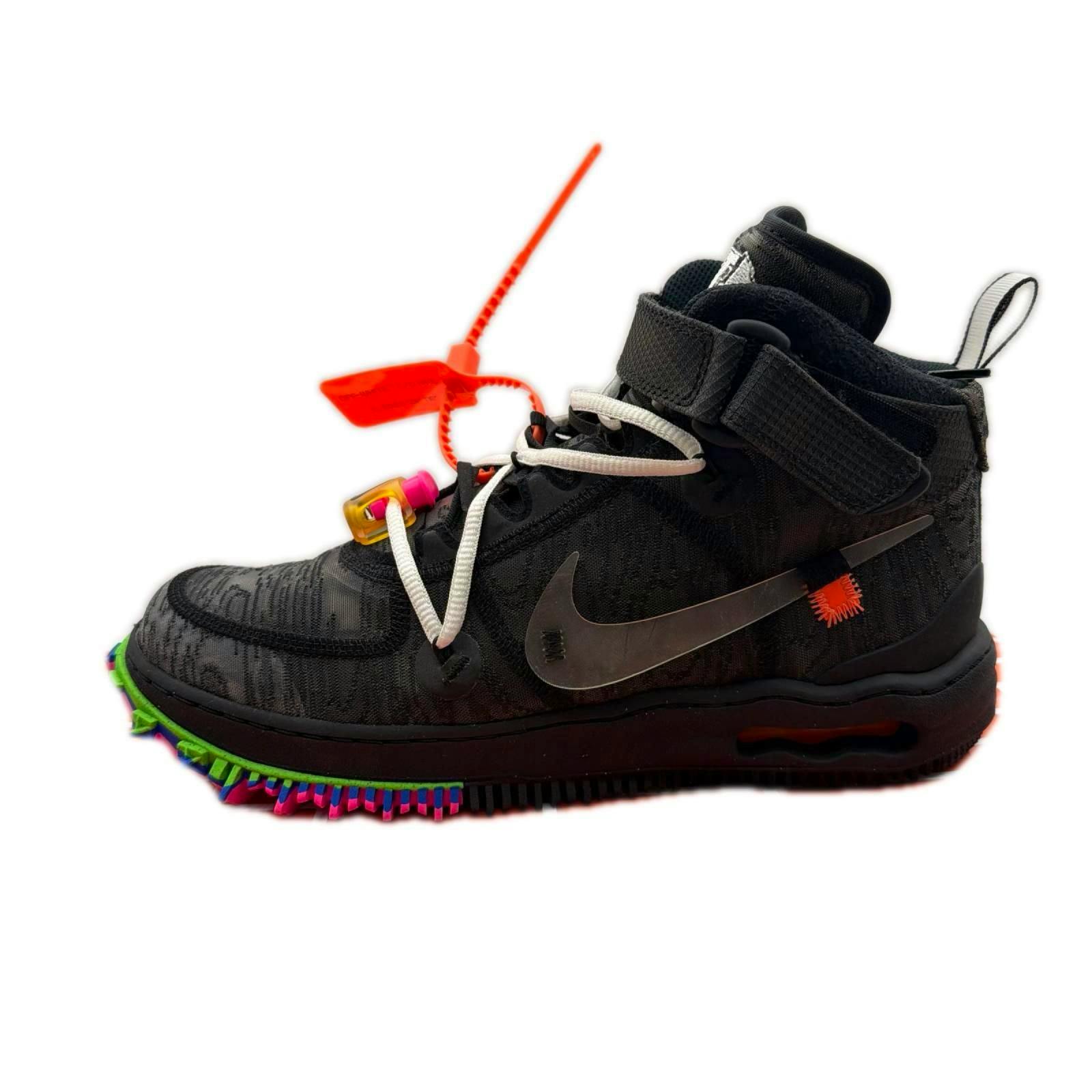 Side view of a black NIKE × Off-White Air Force 1 Mid sneaker with white laces and a multicolor outsole.