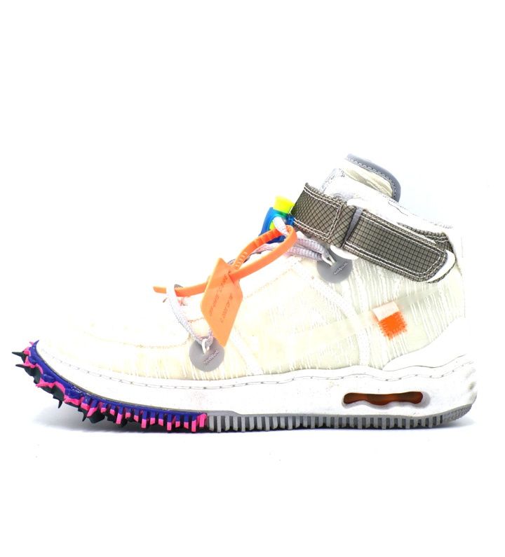 Side view of a white Nike × Off-White Air Force 1 Mid sneaker with an orange tag and a textured colored sole.