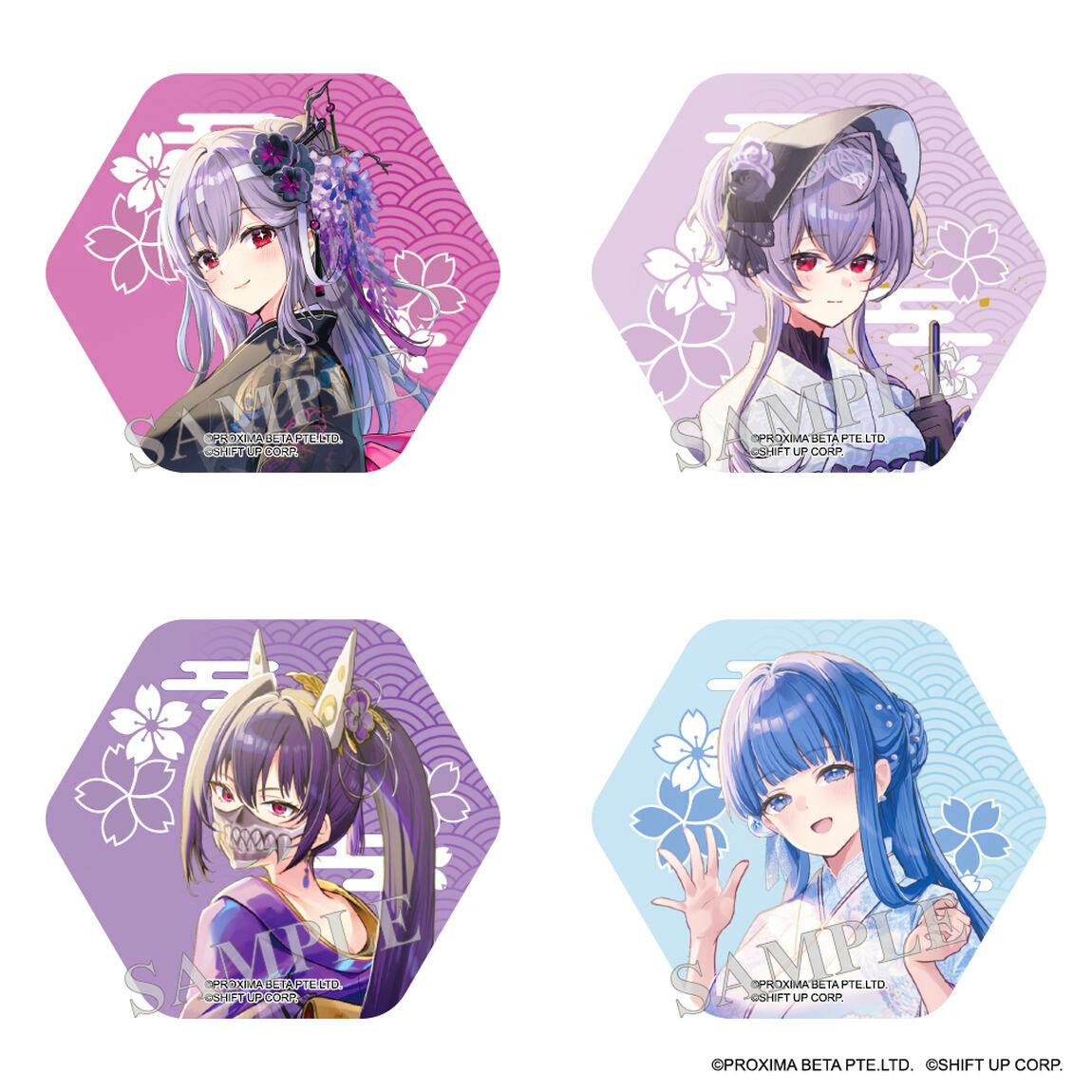 Four hexagonal can-badge illustrations showing character portraits arranged in a two-by-two grid.