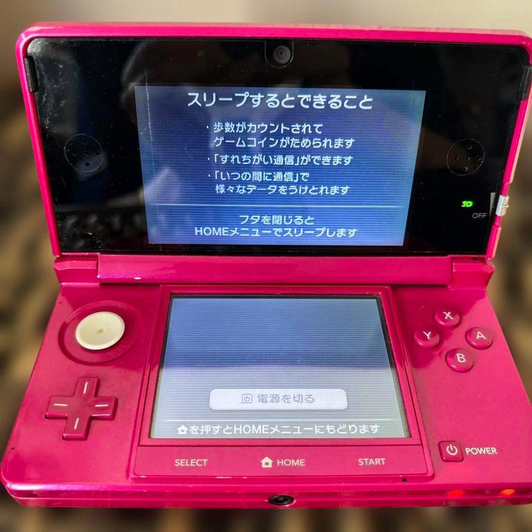 Open glossy pink Nintendo 3DS console showing both screens, buttons, and controls.