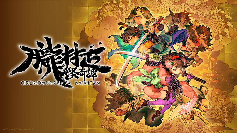 Promotional artwork for Oboromuramasa Kaikitan showing the Japanese title and sword-wielding characters on a gold background.
