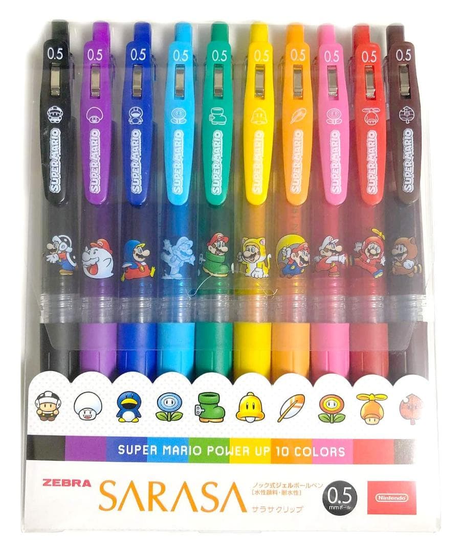 Clear packaged set of ten Super Mario-themed SARASA Clip 0.5 mm ballpoint pens in assorted colors.