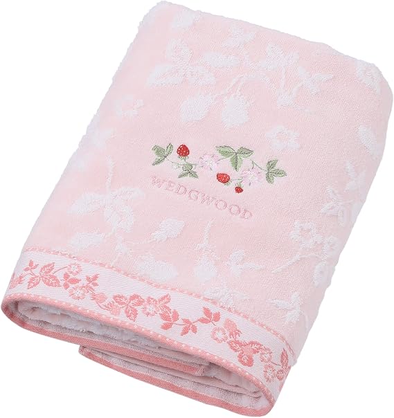 Folded wedgewood pink face towel with embroidered strawberries and a floral border.