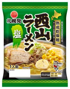 Green single-serving package of Nishiyama salt-flavor instant ramen showing a prepared bowl and branding.