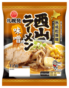 Packaged single-serving Sapporo Nishiyama miso instant ramen packet showing a bowl of miso ramen and product branding.