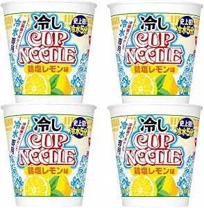 Four cups of the instant noodle 冷しカップヌードル 鶏塩レモン味 shown together.