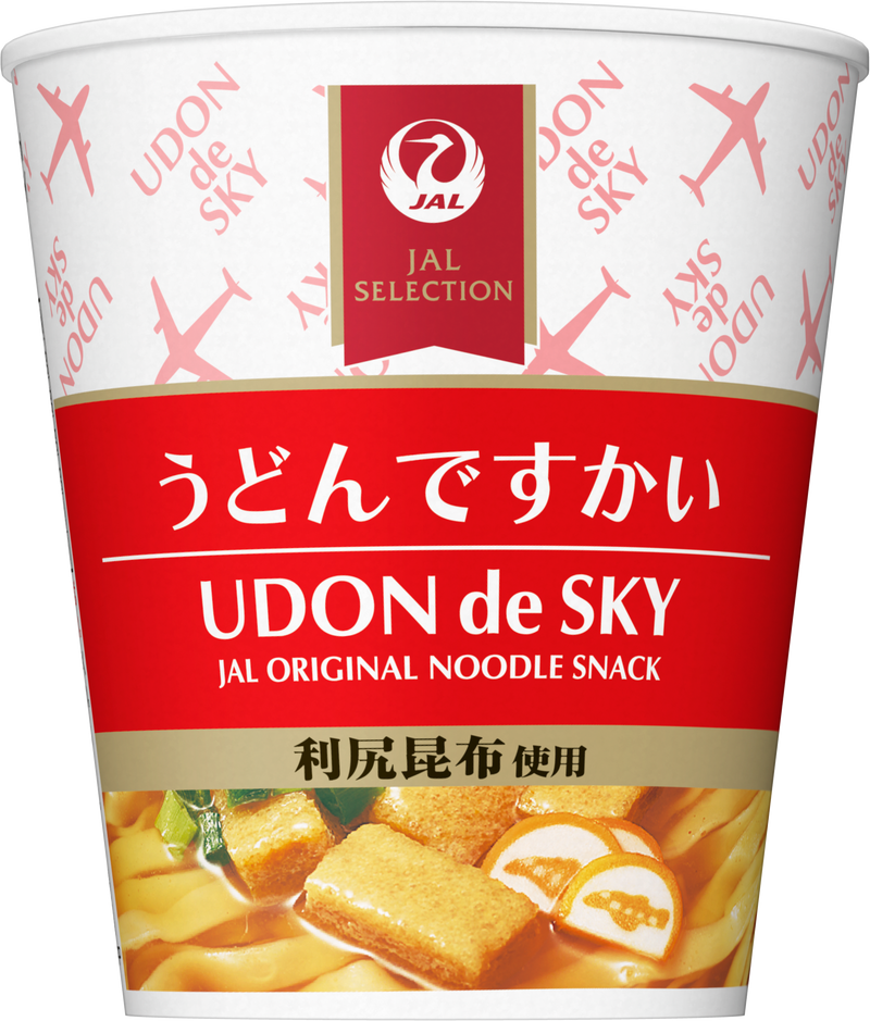 Front photo of the instant noodle cup うどんですかい (UDON de SKY) showing JAL branding and product label.