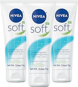 Three NIVEA Soft moisturizing cream tubes (3-pack) shown upright on a white background.