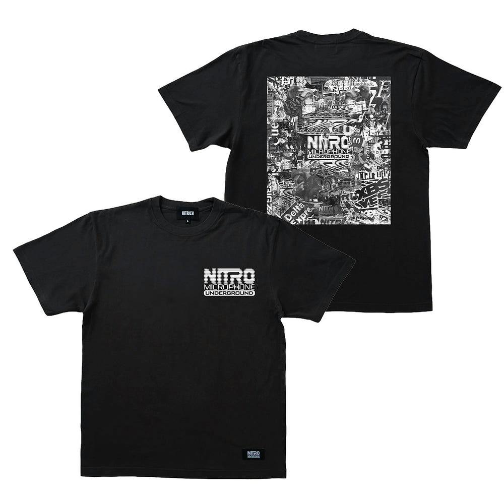 Black cotton T‑shirt shown front and back with a small "NITRO Microphone Underground" chest logo and a large black-and-white collage graphic on the back.