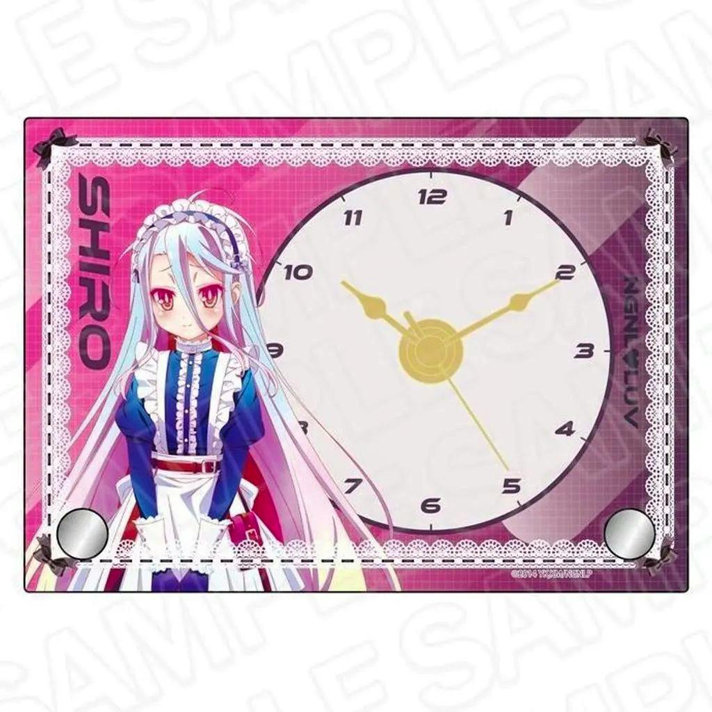 Front view of a mini acrylic clock panel showing Shiro in a maid outfit and a large round clock face.