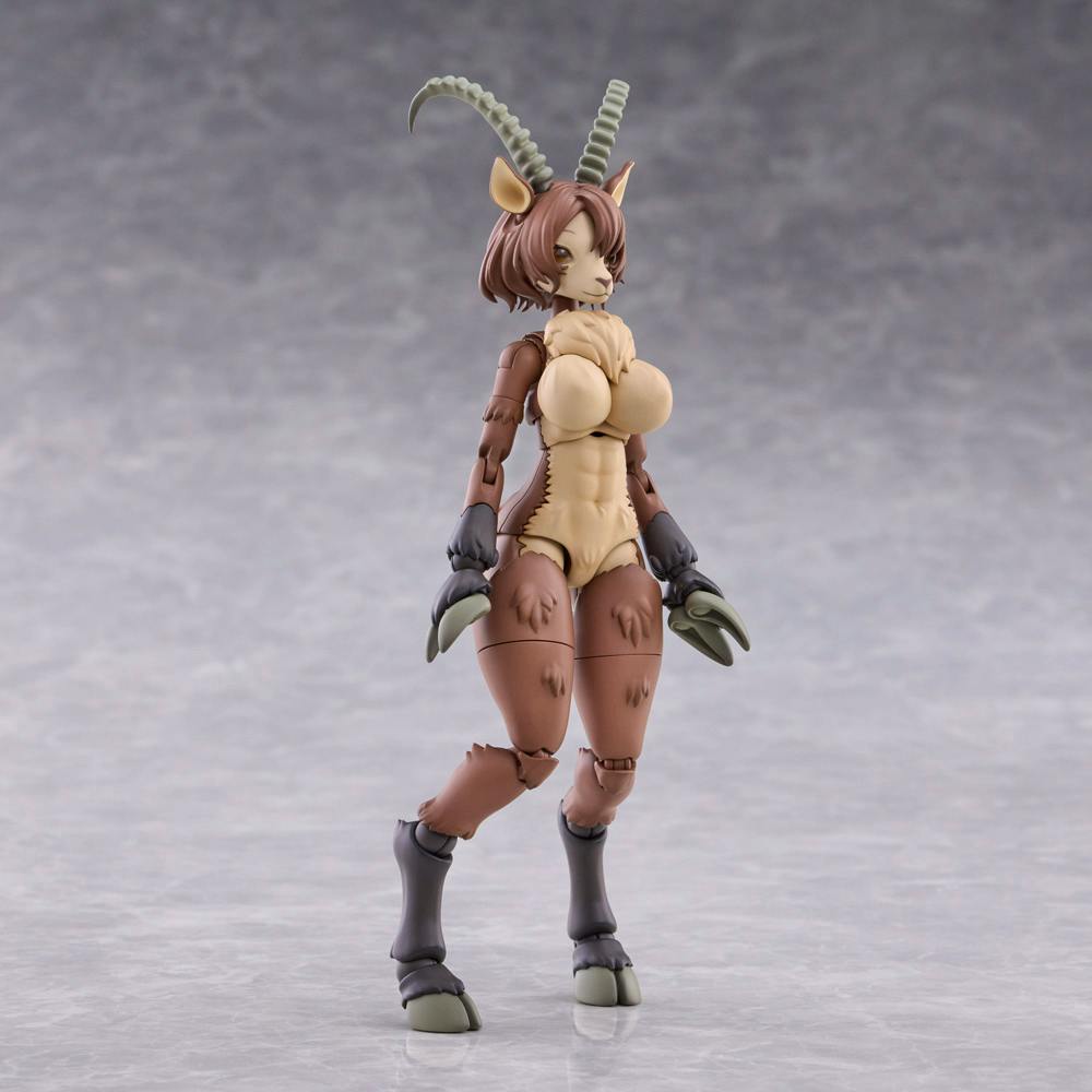 Full-body photo of the No. KP-05R Ibex plastic figure standing on a gray surface, showing horns, fur details, and articulated joints.
