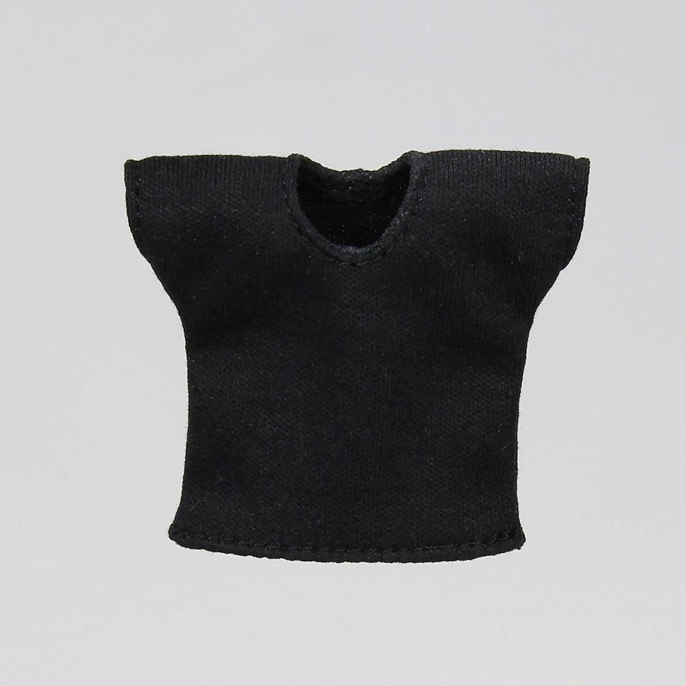 Black doll T-shirt laid flat on a light background showing the front view.
