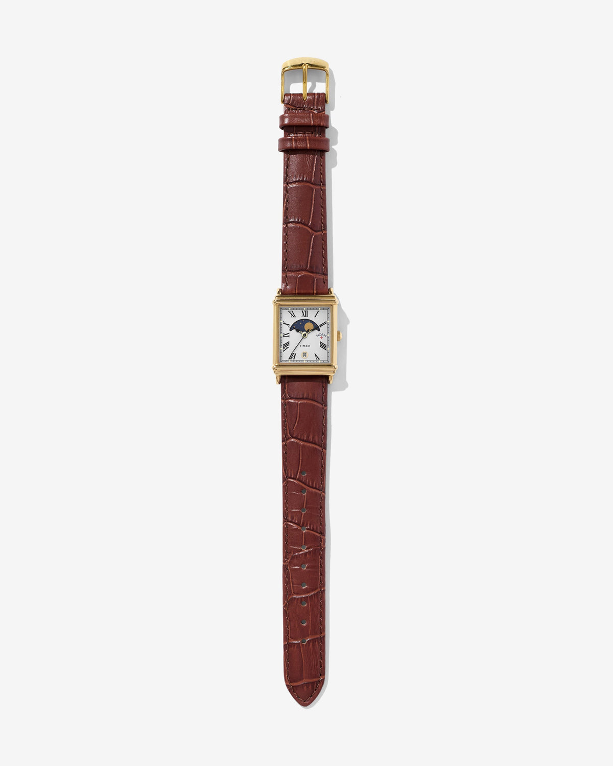 Noah x Timex Moon Phase Watch with a rectangular gold metal case and brown leather strap laid flat on a white background.