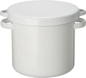 White enamel round storage container with a fitted lid and two side handles.