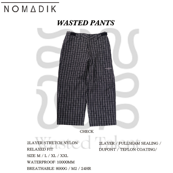 Front flat-lay photo of NOMADIK WASTED PNT check men's nylon snowboard pants.