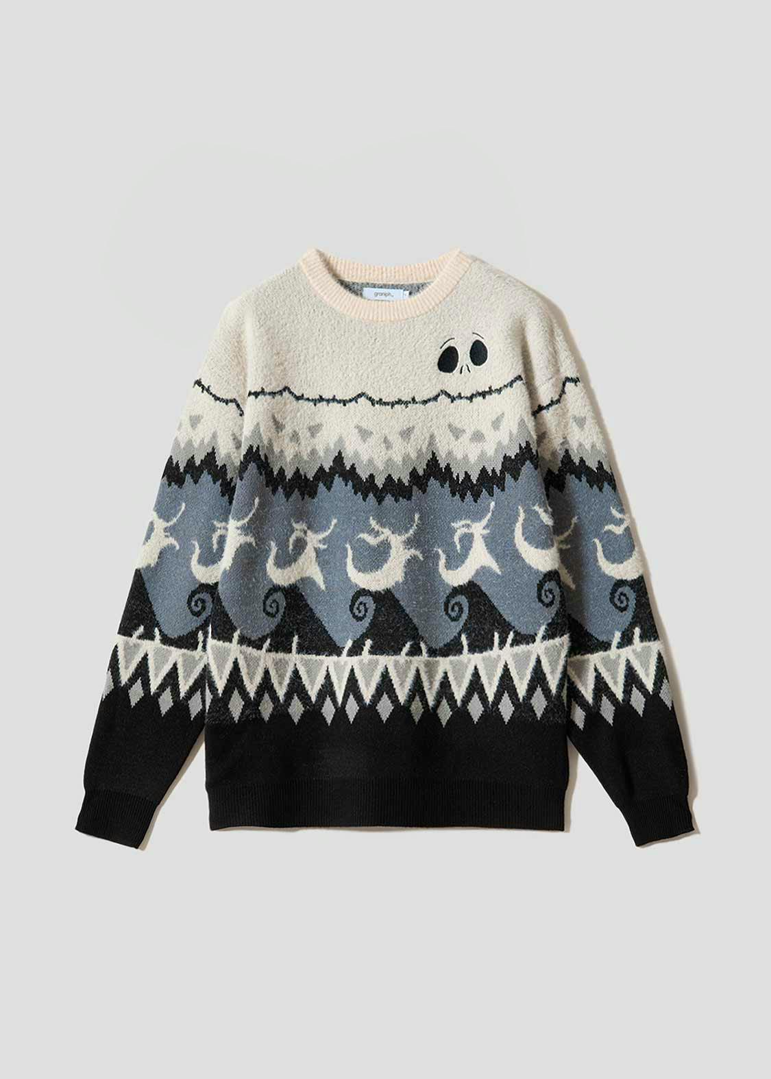 Front view of the Nordic Jack jacquard acrylic sweater laid flat showing its Nordic-style patterned design.