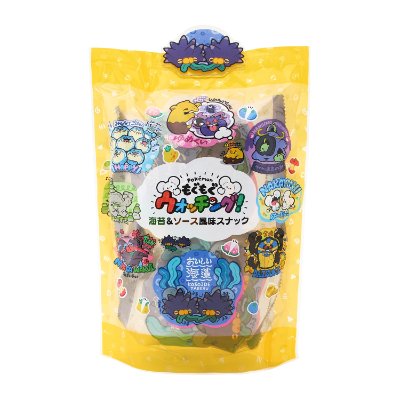 Yellow packaged bag of nori & sauce-flavored corn snack featuring cartoon character designs on the front.
