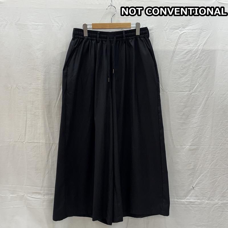 Front view of a black wide slacks-style pair of pants with an elastic waist hanging on a hanger against a white background.