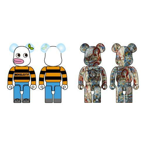 Front and back views of the Novelbright×BE@RBRICK 100% two-piece set showing a cartoon-striped BE@RBRICK and a textured patterned BE@RBRICK.