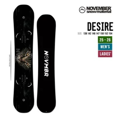Top and base views of the NOVEMBER DESIRE snowboard showing the graphic topsheet, black base, and product name and sizing information.