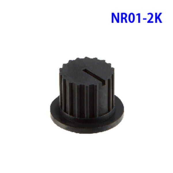 Black NR01 rotary switch knob with a flange, vertical ridges, and a top indicator slot.