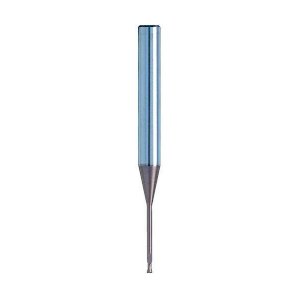 Photograph of a long-neck square end mill (MHR230, φ0.3×2) showing the cylindrical shank, tapered neck, and fine cutting tip.