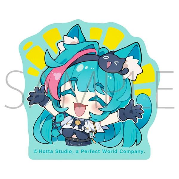Paper sticker showing a chibi turquoise-haired character with outstretched arms on a mint sunburst background with a faint SAMPLE watermark.
