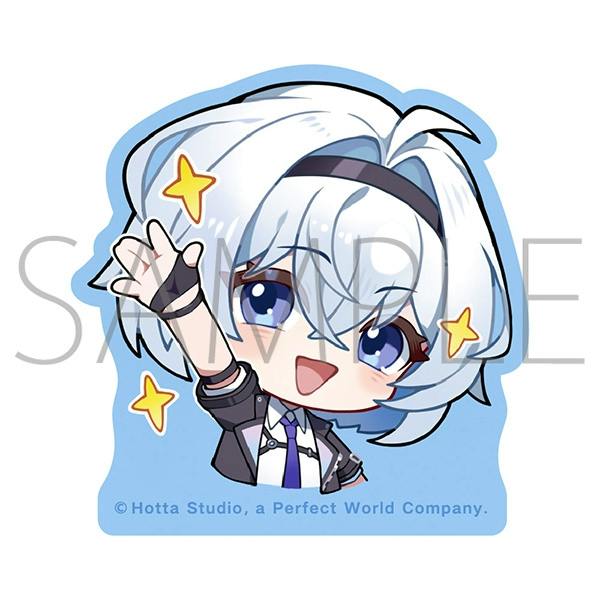 Chibi-style illustrated paper sticker of a white-haired character waving with star decorations on a blue background.