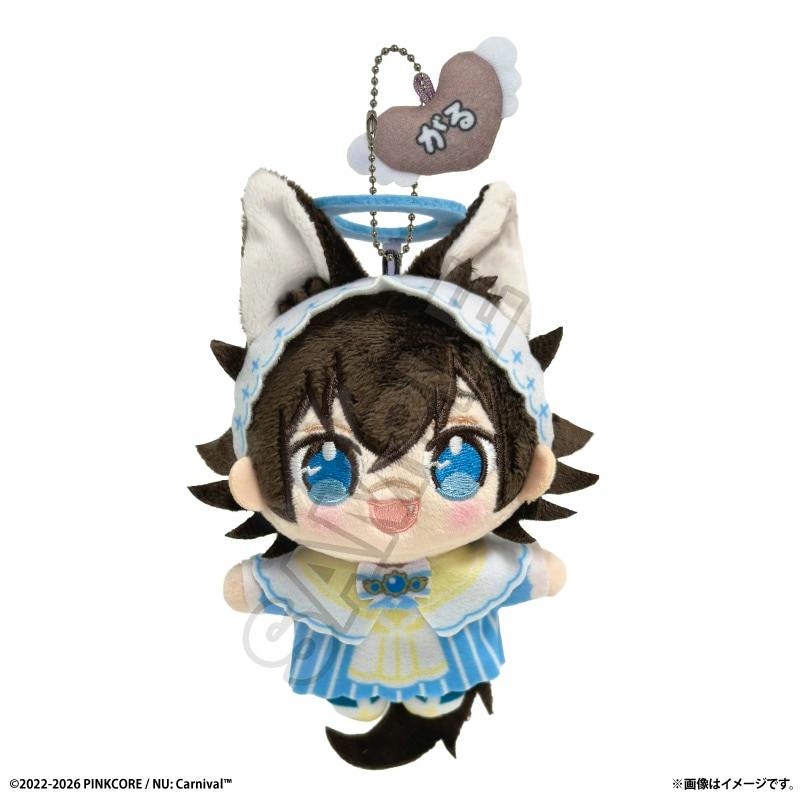 Front view of the NU: カーニバル ぬいぴ~す+ 天使と悪魔 ガル plush keychain showing the character in a blue outfit with animal ears and an attached heart-shaped tag.