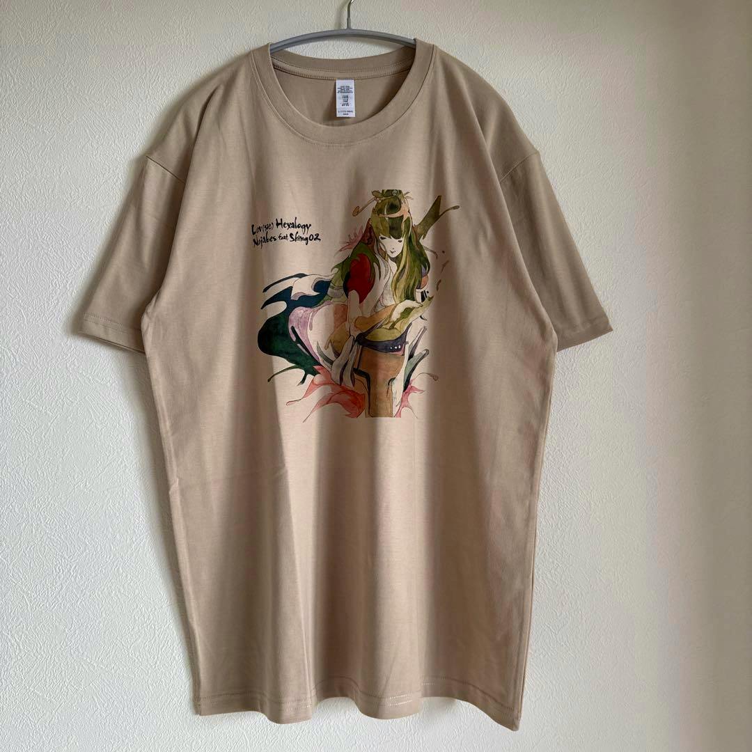 Mocha beige cotton T-shirt (L size) featuring a colorful front illustration and text referencing Nujabes Luv(sic) Hexalogy, hanging on a hanger against a white wall.
