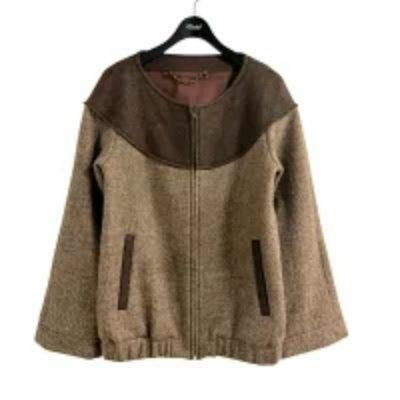 Front view of a beige and brown wool tweed jacket on a hanger showing zipper and pockets.