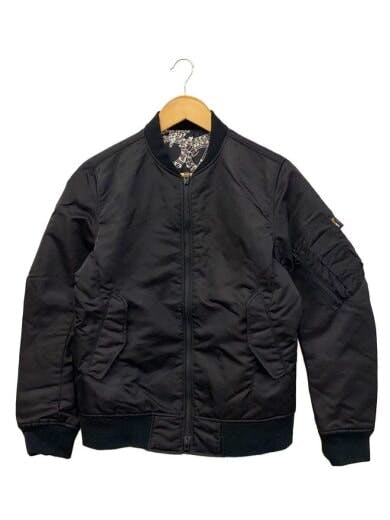 Front view of a black nylon men's flight (bomber) jacket on a hanger.