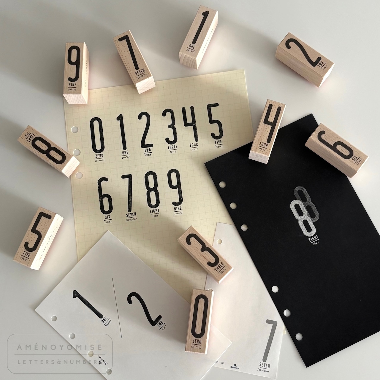 Wooden number stamps (0–9) arranged on paper showing stamped numerals.