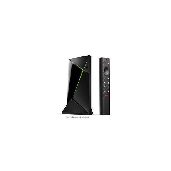 NVIDIA SHIELD Android TV Pro streaming media player device and its remote shown on a white background.